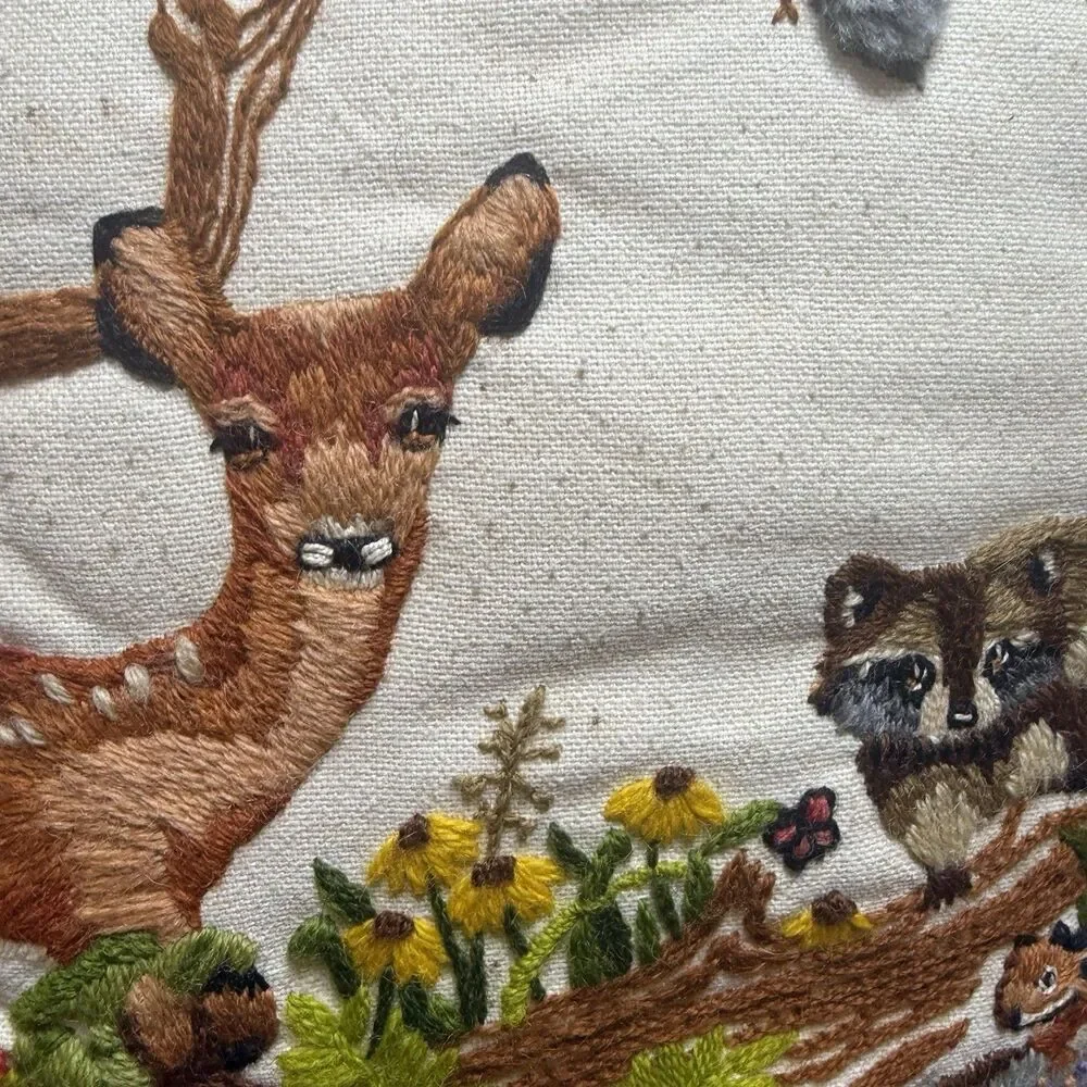 Vtg 70s Sunset Crewel Woodland Animal Throw Pillow Brown Corduroy Back Owl Fawn